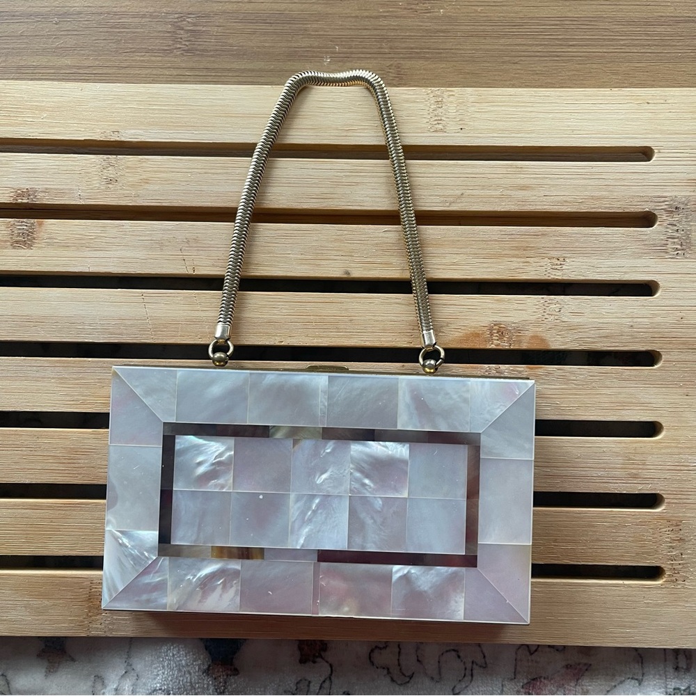 1950’s Minaudiere Mother of Pearl Mosaic Clutch with Gold Chain